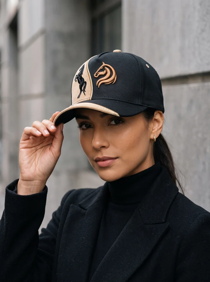 Gorra negra con bordado cobre, combinada con chaqueta negra.