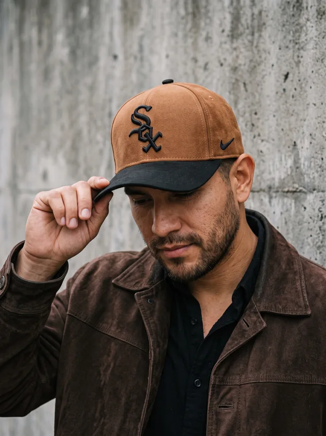 Gorra con contraste caramelo, mostrada en modelo. Fotografía ORX-003.