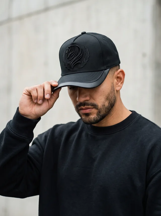 Gorra con negro sobre negro, mostrada en modelo. Fotografía ORX-010.