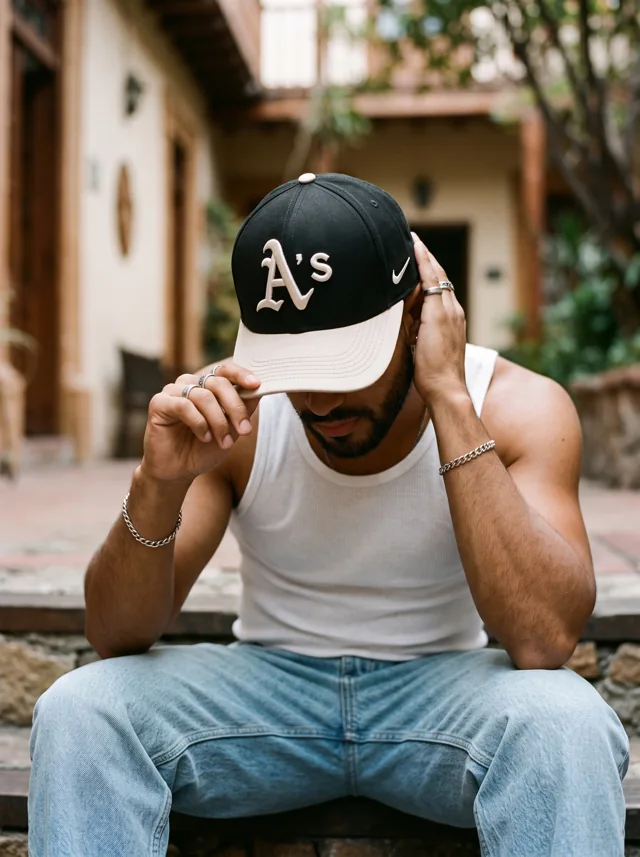 Gorra con bordado en contraste, mostrada en modelo. Fotografía ORX-016.