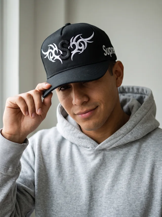 Gorra con trazos bordados, mostrada en modelo. Fotografía ORX-020.