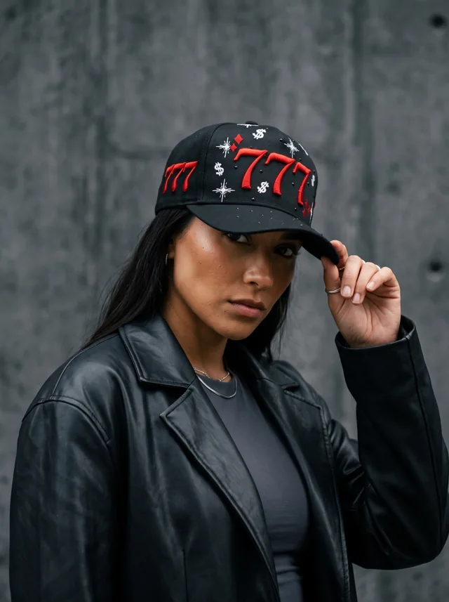 Gorra con bordado multicolor, mostrada en modelo. Fotografía ORX-026.