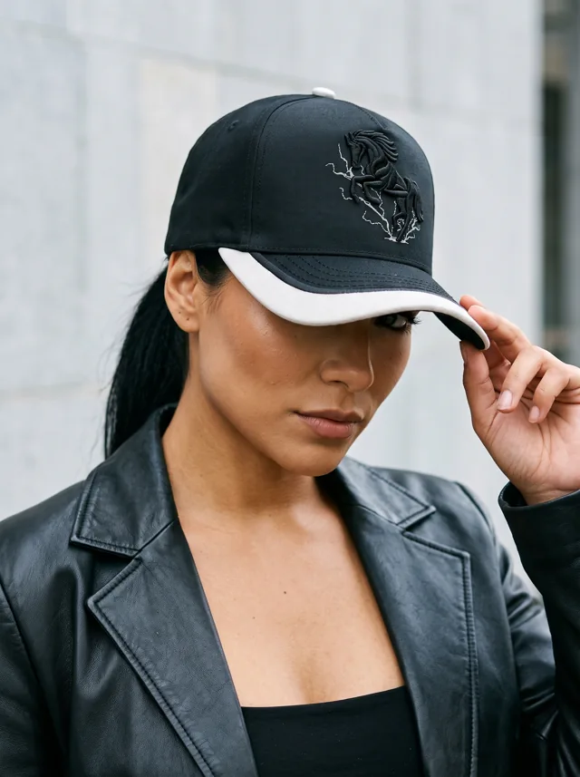 Gorra con visera en contraste, mostrada en modelo. Fotografía ORX-028.