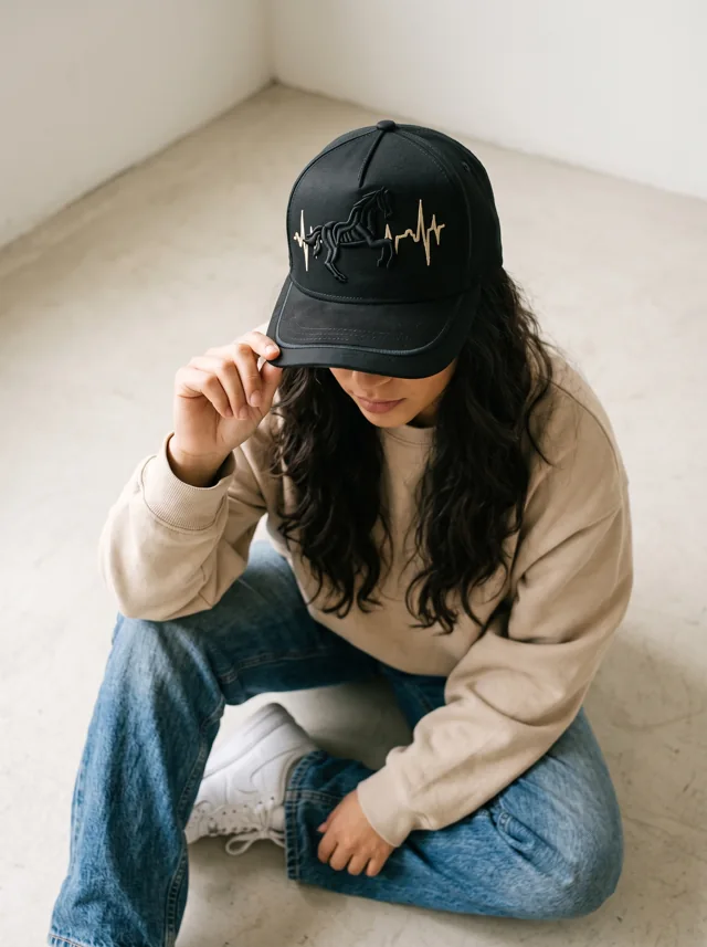 Gorra con bordado dorado, mostrada en modelo. Fotografía ORX-029.