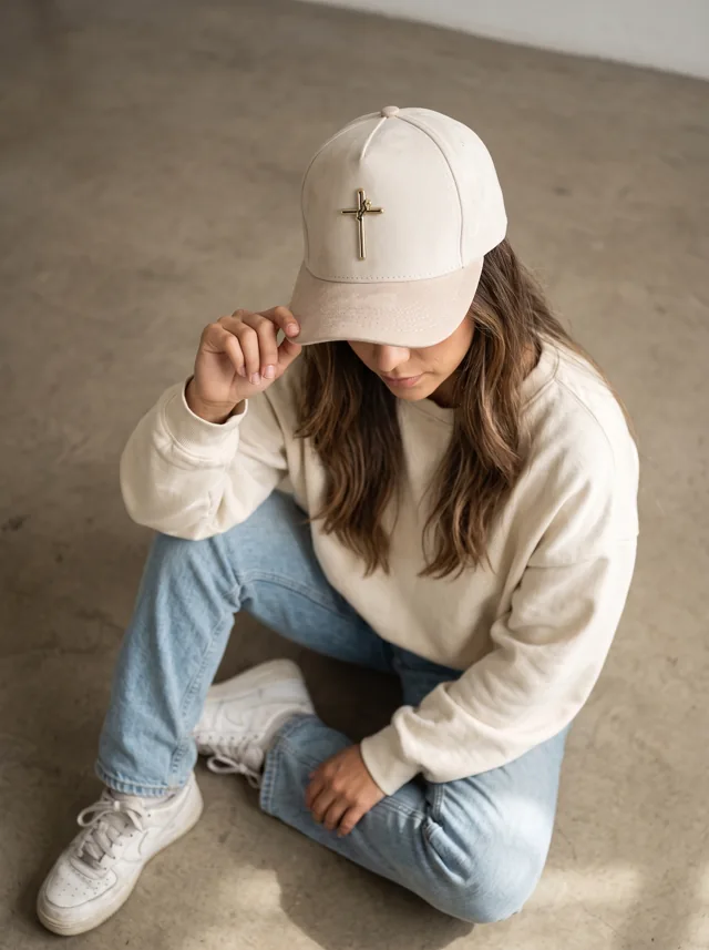 Gorra con blanco y negro, mostrada en modelo. Fotografía ORX-033.