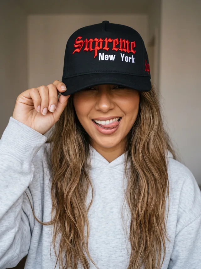 Gorra con bordado rojo, mostrada en modelo. Fotografía ORX-034.