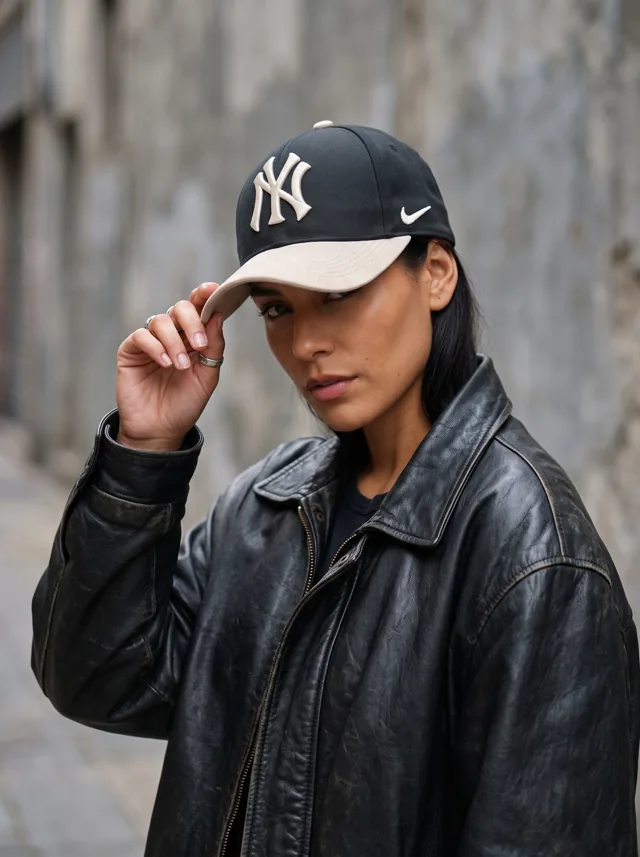 Gorra con monograma bicolor, mostrada en modelo. Fotografía ORX-037.